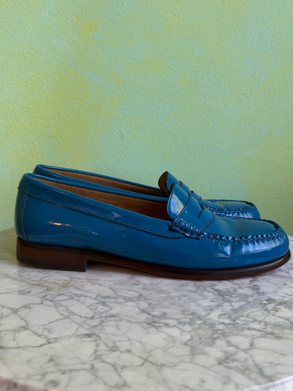 Cerulean Blue Patent Leather Bass Weejuns Penny Loafers, Size 8M - Picture 3 of 10